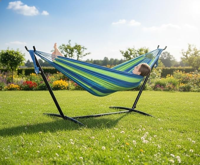 Double Hammock with Stand, 2 Person Heavy Duty Outdoor Hammock – 450IB Capacity, Portable Hammock with Space-Saving Steel Frame & Carrying Case, Easy Setup for Backyard,Camping,Beach,Teal Green