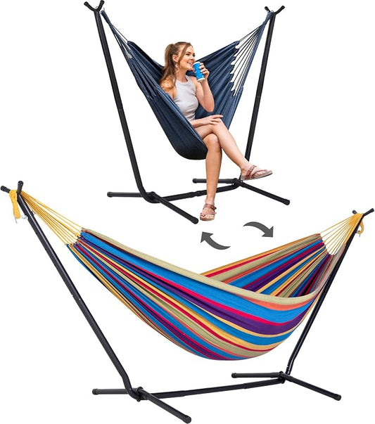 SUNCREAT 2-in-1 Convertible Backyard Fabric Hammock with Stand, Large Hammocks for Outside, Patented, Rainbow