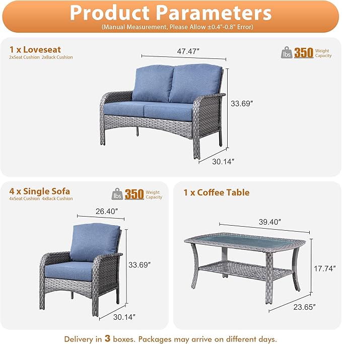 6 PCS Outdoor Patio Furniture Set with Glass Table, All-Weather Rattan Wicker Outdoor Conversation Set with Thickened Cushions for Balcony Backyard Garden Lawn,Blue