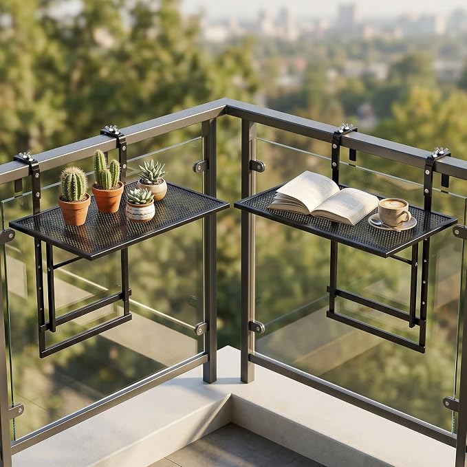 Giantex 48" Balcony Railing Table, 2-Piece Connectable Metal Folding Hanging Bar Table with 5-Level Adjustable Height, Fit 1.5"-3.5" Round/Square Railing, Outdoor Side Desk for Patio & Deck
