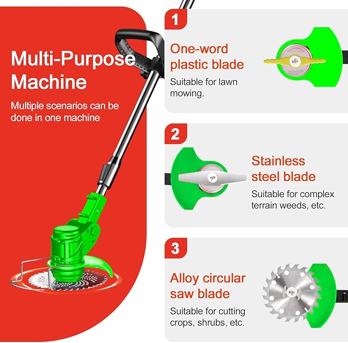 Weed Wacker, Electric Weed Wacker Cordless Trimmer,Grass Trimmer Stingless Lightweight Grass Trimmers 3 Types Blades,2 Batteries, 1 Chargerfor Lawn, Yard, Garden (Black)