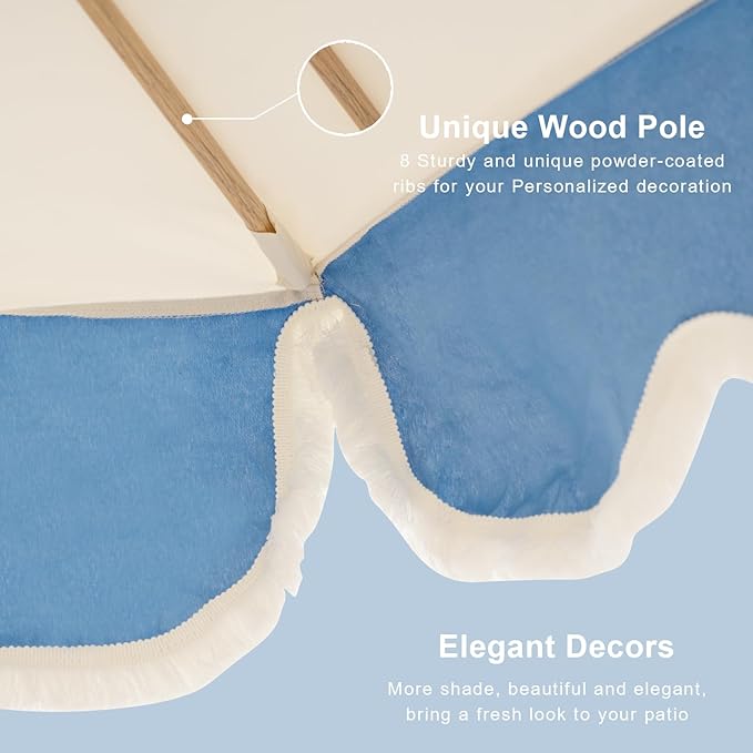 Tempera 9ft Beige Spliced Twilight Blue Tassels Scallop Patio umbrella,Outdoor Table Market Umbrellas with Crank & Pust Button Tilt, Wood Color Pole and 8 Steel Ribs