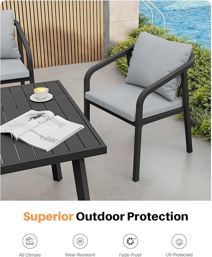 7-Piece Patio Dining Set, Never-Rust Aluminum Outdoor Dining Set for 6, Rectangular Outdoor Table and Chairs Set with Washable Cushions, Patio Furniture Set for Poolside, Lawn, Backyard, Black