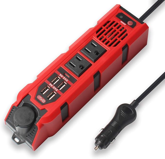 BYGD 200W Car Power Inverter DC 12V to 110V AC Car Plug Adapter Outlet Converter with 1 Type-C Port 2 AC Outlets 4 USB Quick Charging Ports Cigarette Lighter Socket.