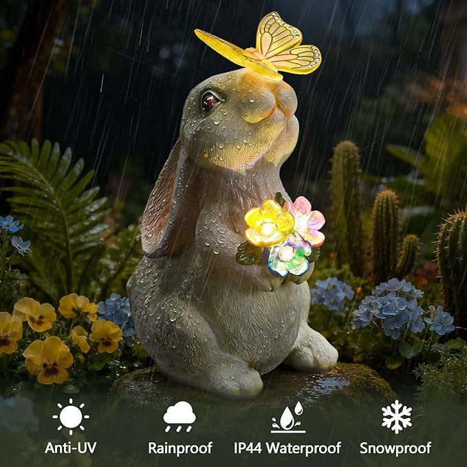 Solar Garden Statue Outdoor Decor, Rabbit Figurine with Butterfly LED Lights, Bunny Statue for Garden, Yard Decor, Lawn Ornament, Valentine's Day Birthday Gift for Women Mom Grandma