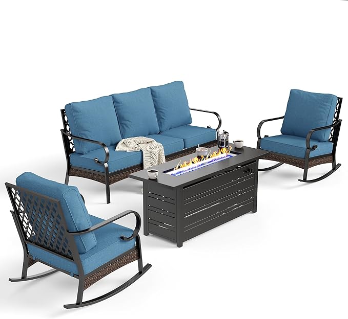 4 Piece Metal Outdoor Patio Furniture Sets with Firepit Table, Patio Conversation Sets 1 3-Seater Sofa, 2 Rocking Sofa with 5.75" Thick Cushion Backyard Furniture for Deck, Denim Blue
