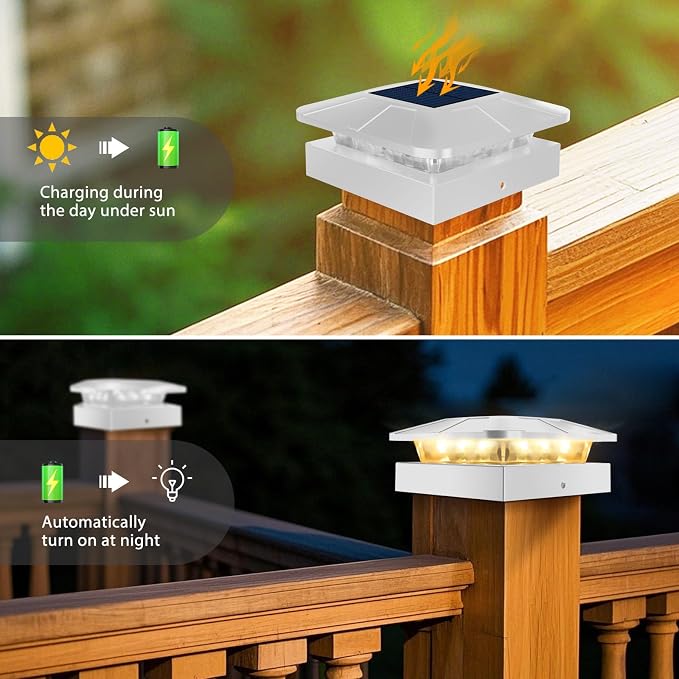 4x4 Solar Post Cap Lights Outdoor with 3 Modes, 8 Packs White Fence Light Solar Powered Waterproof, Wood/Vinyl Post Caps for Deck Yard Garden Patio Porch Outside