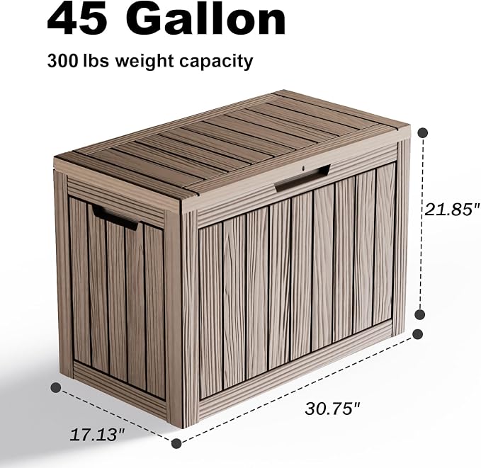 Deck Box Large Outdoor Storage for Patio Furniture,Outdoor Cushions,Garden Tools and Pool Supplies,Waterproof,Resin,Lockable (Grey, 45 Gallon)