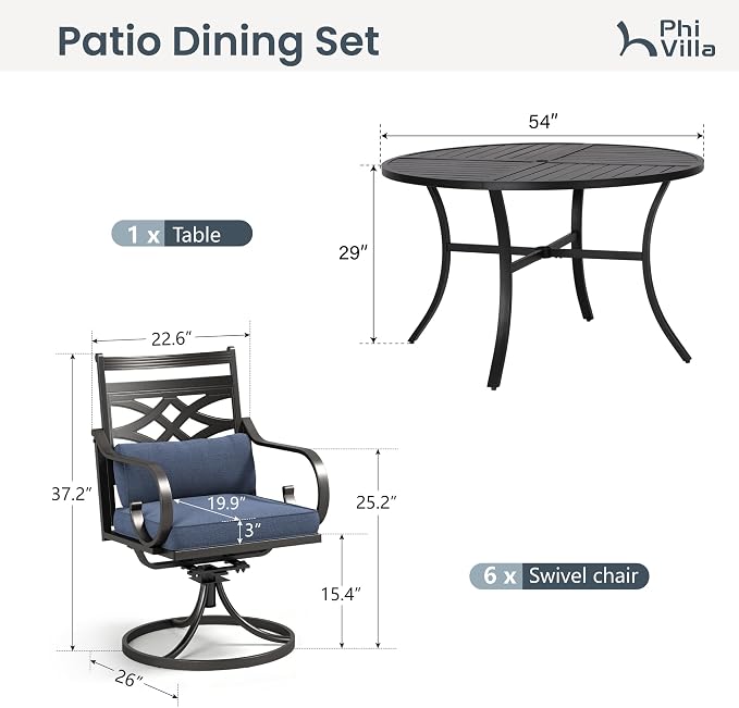 PHI VILLA Patio Dining Set, Swivel Chairs, Round Metal Table | Metal chairs, Blue, Umbrella Hole, Cushions, E-coated