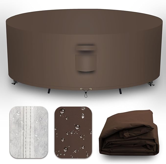 Heavy Duty Patio Furniture Covers Waterproof, 600D Round Outdoor Furniture Cover Waterproof for Sectional Sofa Couch, Outdoor Dining Table and Chair Set Covers 92"DIA x 28"H, Brown