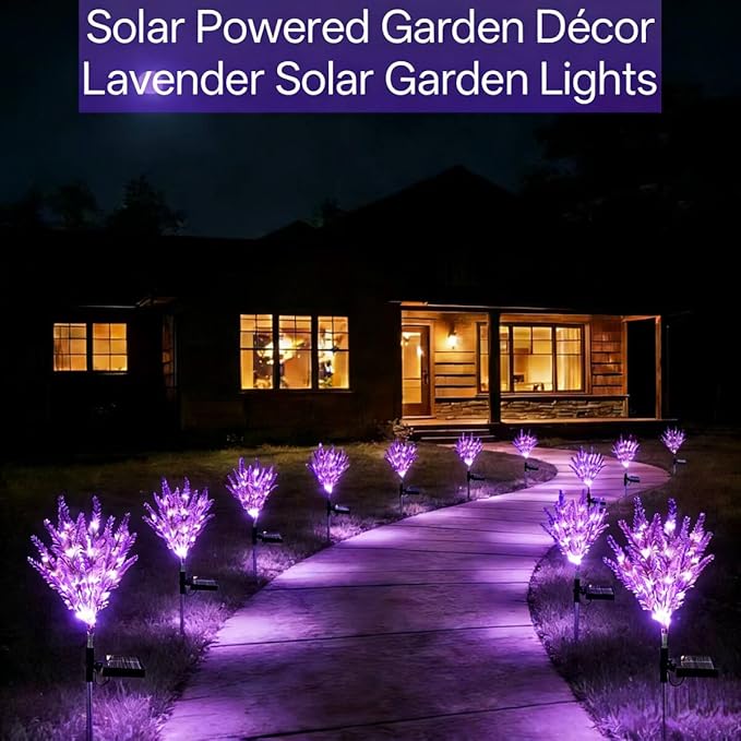 Lavender Solar Garden Lights, 4 Pack Outdoor Waterproof Artificial Flowers, Solar Powered Décor for Yard Pathway Patio Lawn, Halloween Thanksgiving Gifts (112-Light Purple LED)
