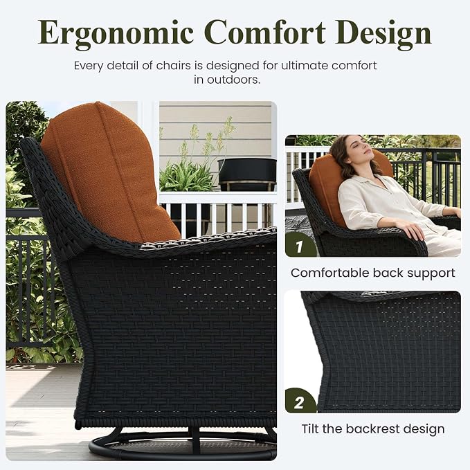 LayinSun 6 Piece Wicker Outdoor Furniture Set with 6-inch Comfy Cushions, High Back Patio Furniture Set with Swivel Rocking Chairs and Side Table