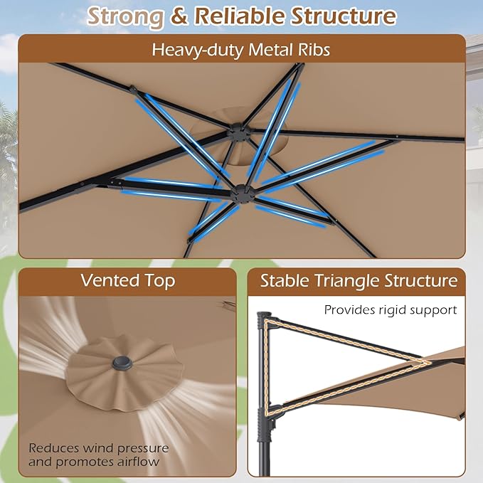 Tangkula 10FT Patio Umbrella, Offset Cantilever Outdoor Umbrella with 360 Degree Rotation, Air Vent, Cross Base for Pool Deck Garden Backyard (Tan)