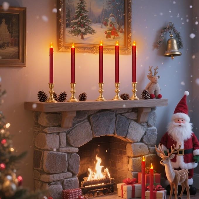 wemarry 24 Pcs Flameless Taper Candles with Remote, 10" Burgundy Battery Operated Led Candlesticks with Flickering 3D Flame, Fake Taper Candles for Christmas Thanksgiving Wedding Home Décor