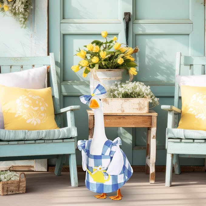 FuWeave Summer Spring Goose Outfit Flower Porch Goose Clothes for 23" Large Statue Outdoor Patio Yard Lawn Art Decoration(Plaid)