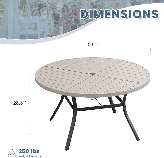 DIFY 53.1" Round Outdoor Patio Dining Table for 6-8, All-Weather Metal Steel Slatted Patio Table with 1.57" Adjustable Umbrella Hole, for Lawn Garden Porch Backyard, Grey Wood-Like