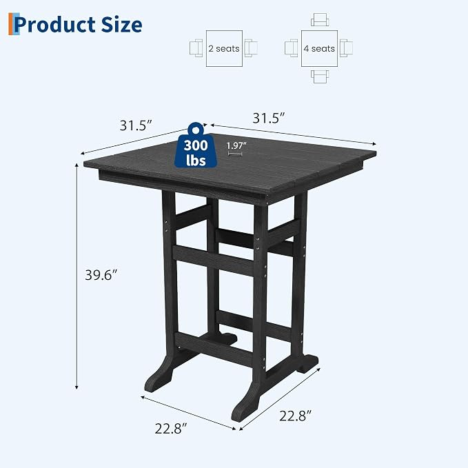GAOMON Square Outdoor Bar Height Table, Patio Tall Side Bistro Table with Umbrella Hole, Weather Resistant High Top Dining Table for Backyard, Garden, Deck, Porch, Dark Gray