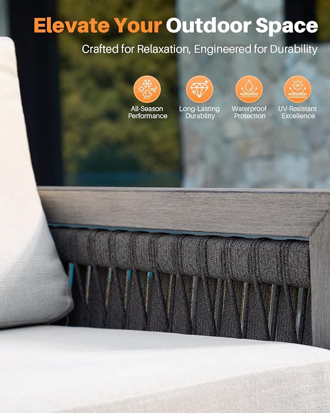 4-Piece Patio Furniture Set, Aluminum Outdoor Patio Conversation Set with Washable Cushions, Rope Weave Outdoor Furniture Sofa Set with Coffee Table for Deck, Poolside, Backyard, Gray Oak