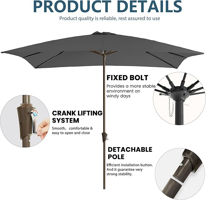 8x10FT Rectangular Patio Umbrella with Crank Lift for Garden,UV Protection Outdoor Umbrella for Deck,Pool and Yard,Grey