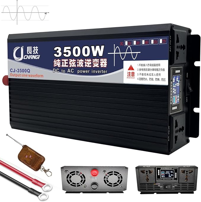 Pure Sine Wave Inverter 3500W/5000W/6000W/8000W/10000W/12000W Solar Power Inverter 12V 24V 48V 60V 72V DC to 110V 120V/220V 230V 240V AC Car Voltage Converter Transformer for Home RV(3500W,12Vto220V)
