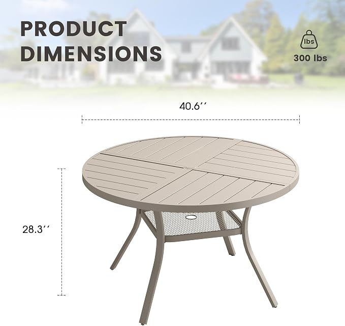 40.6" Outdoor Dining Table with Adjustable Umbrella Hole, Metal Slatted Round Patio Dining Table for Backyard Garden Deck, Sandshell