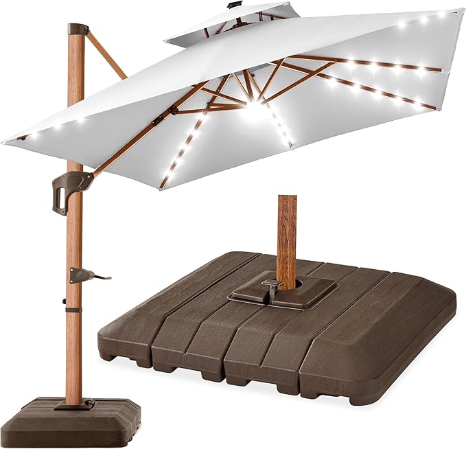Best Choice Products 10ft Square Cantilever Patio Umbrella w/Base Included, Woodgrain Pattern Pole & Solar LED Lights, 360-Rotation, Offset Hanging Outdoor Shade