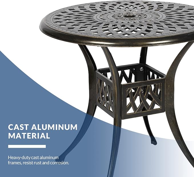 31 Inch Outdoor Dining Table Round Patio Bistro Table Bronze Cast Aluminum Rustic Large Table with Umbrella Hole
