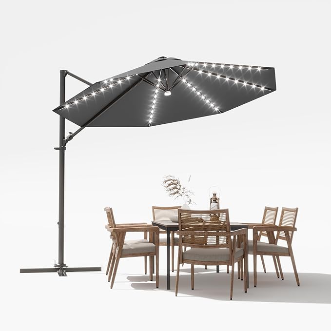 Devoko 10ft Solar LED Patio Umbrella, Round Cantilever Outdoor Umbrella with Solar Lights and 360-Degree Rotation, Large Hanging Offset Market Umbrella with Easy Tilt for Patio Deck Garden,Gray