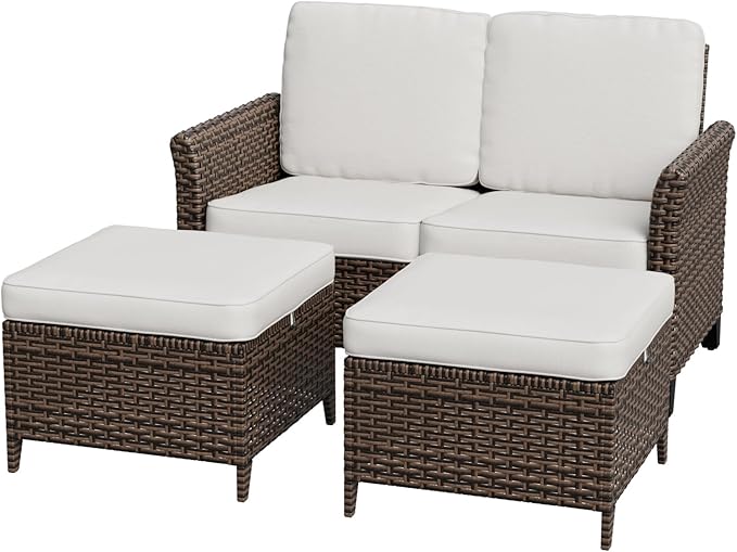 COOS BAY Harbor Retreat 3 Piece Outdoor Furniture Set, Patio Conversation Set with 2 Seat Loveseat and Ottomans, Wicker Furniture, Brown/Beige