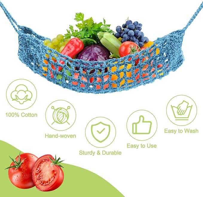 Macrame Fruit Hammock 1 Pack Cotton Fruit Holder Net Under Cabinet Veggie Storage Space Saving Kitchen Decor with Hooks (Azure Blue)