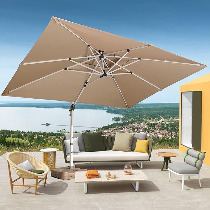 Cantilever Patio Umbrella with Cross Base and Cover Included - 360° Rotation Large Heavy Duty Offset Outdoor Umbrella with Easy Tilt for Pool Backyard Deck Garden (10x13 FT Khaki)