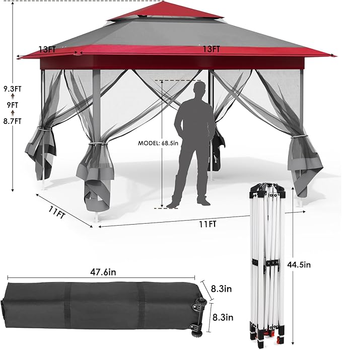 TLSUNNY 13' X 13' Pop Up Gazebo, Outdoor Canopy Tent W/4 Mesh Walls & Wheeled Bag, Screened Shelter with Netting, One-Person Set Up, Height Adjustable, for Patio, Yard, Party, Garden (Burgundy)
