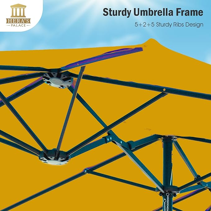 HERA'S PALACE Umbrella Patio Outdoor with Base 15ft Rectangle Table Double Market Umbrellas Clearance Large Included Stand for Deck Outside Pool Picnic Inground Yard Commercial (Gold Yellow)
