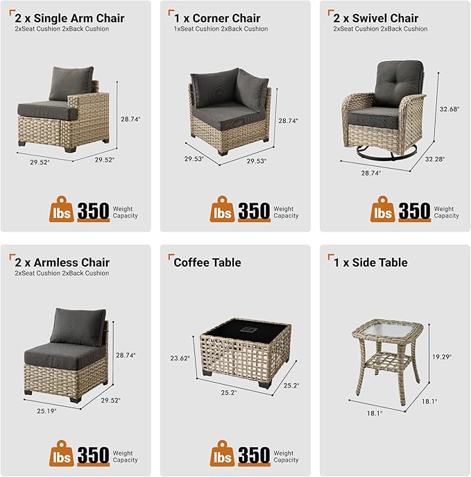 ovios 9 Piece Patio Sectional Furniture with Swivel Rocking Chairs, Rattan Wicker Coversation Couch Set, Outdoor Sofa Set for Outside Porch Balcony Backyard Pool, Black