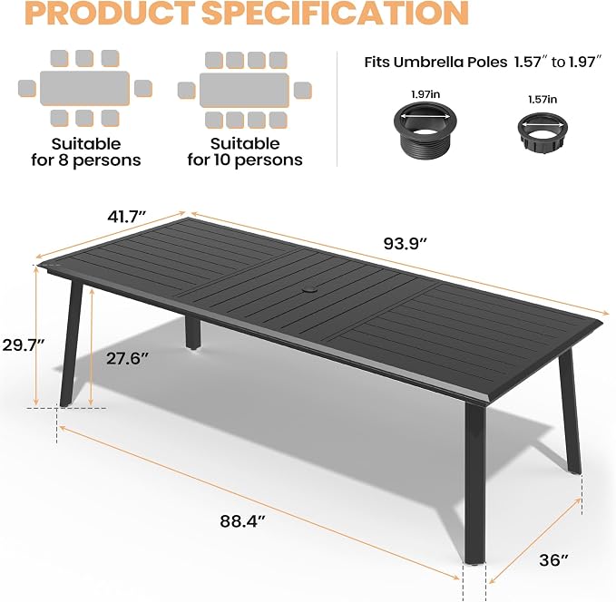 Pellebant Aluminum 94" Outdoor Dining Table for 8-10, Large Patio Table with 41.7" Wide Top & Umbrella Hole, Weather-Resistant Sturdy Frame for Deck, Porch, Backyard