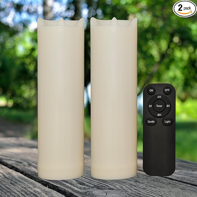 iZAN 2 Pack Flameless Battery Operated LED Pillar Candles with Remote Outdoor Waterproof Flickering Decorative Lights for Halloween Christmas Home Kitchen Décor Wedding Party Event Decorations 2”x7”