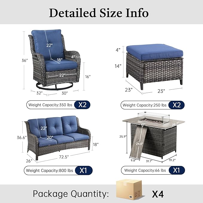 Patio Furniture Set with 41" Fire Pit Table - High Back Patio Conversation Set with 4 Inch Thick Cushions and Deep Seating Swivel Glider Chairs & Outdoor Couch for Porch Deck Yard Pool Brown