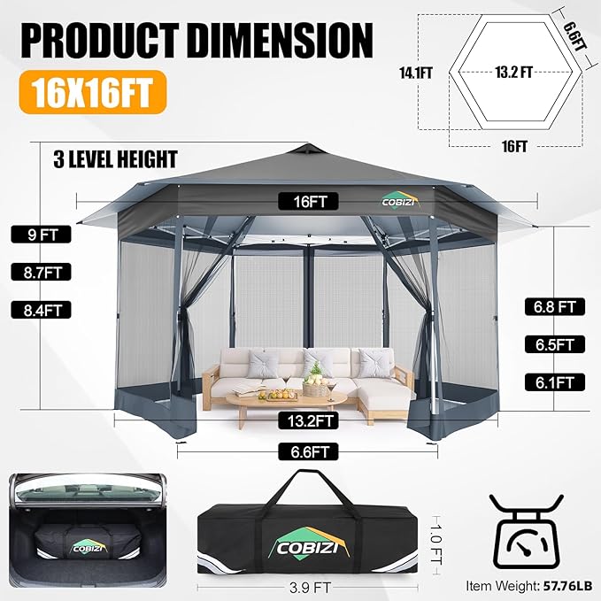 COBIZI 16x16 Pop Up Gazebo Tent with Mosquito Netting, Gazebos on Clearance, Hexagonal Outdoor Canopy Shelter, Patented Center Lock 6-Sided Portable Gazebos, Pop Up Canopy Tent for Backyard, Gray