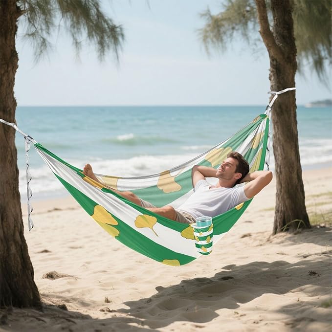 Green White Striped Ginkgo Biloba Leaf 330lb Capacity Camping Hammocks with Hanging Rope Hanging Hammock for Patio Backyard Lounge Base macas mexicanas de Patio para Adulto