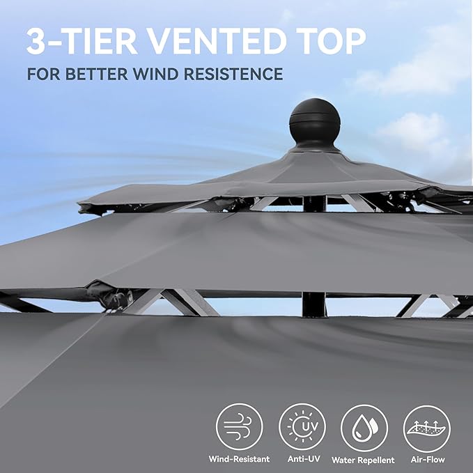 GREEN PARTY 10ft Outdoor Patio Umbrella, [Auto-Tilting] 3 Tiers Market Table Umbrellas with 1.5" Pole, 8 Sturdy Ribs, 3-Year-Non-Fading for Garden Deck Pool Backyard, Grey