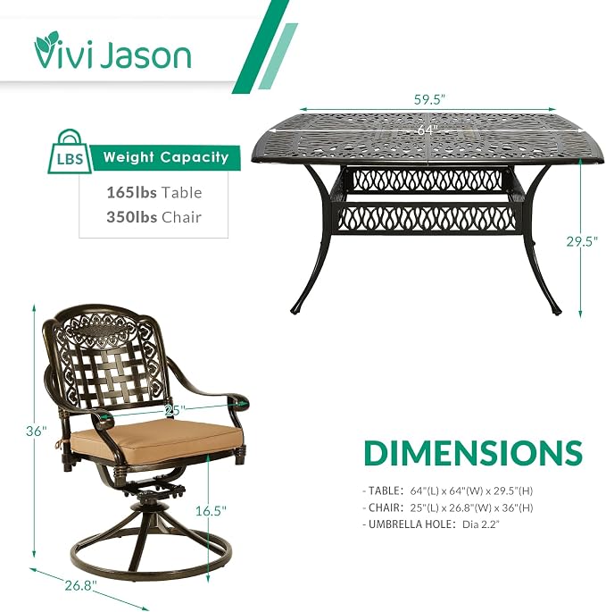VIVIJASON 9-Piece Outdoor Dining Furniture Set, Cast Aluminum Patio Table & Chairs Set for 8, Include Large 64" Square Dining Table and 8 Swivel Rocker Chairs with Umbrella Hole, Khaki