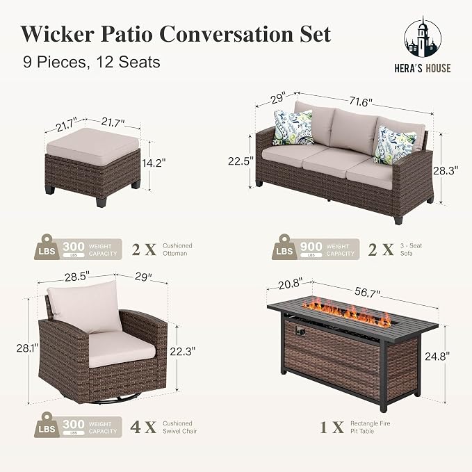 HERA'S HOUSE Swivel Glider Patio Furniture Set with Fire Pit Table, 9 Pieces Outdoor Seating Furniture Wicker Conversation Sets for Deck Backyard Lawn, Beige