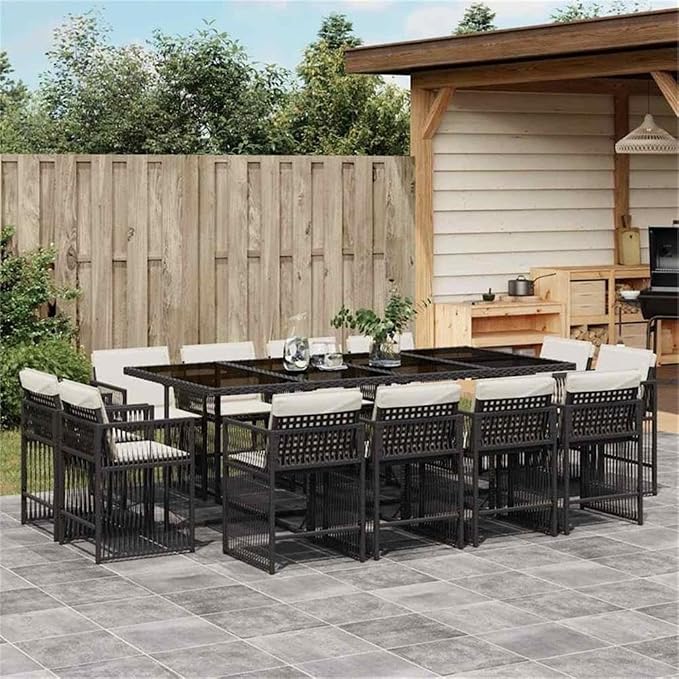 Afuera Living 13-Piece Poly Rattan Garden Dining Set, Black/Cream White Finish, UV-Resistant, Powder-Coated Steel Frame, Tempered Glass Table, Cushioned Seating for 12, Modern Patio Furniture for