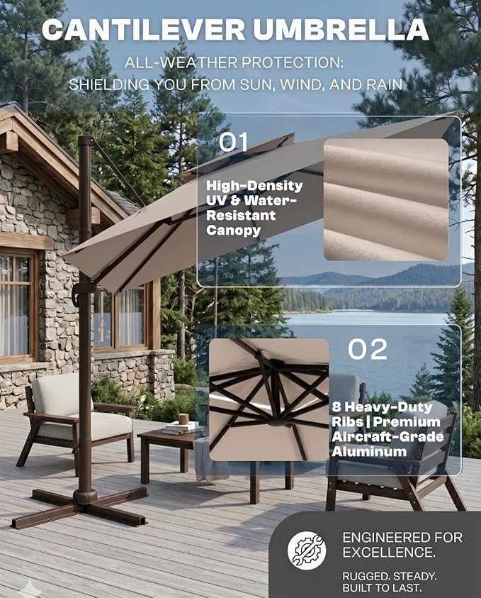 10'×10' Patio Umbrella, Double Top Aluminum Cantilever Umbrella with 360°Rotation, Offset Patio Umbrella with Easy Tilt for Pool Deck Garden Backyard, Beige (Base not Included)