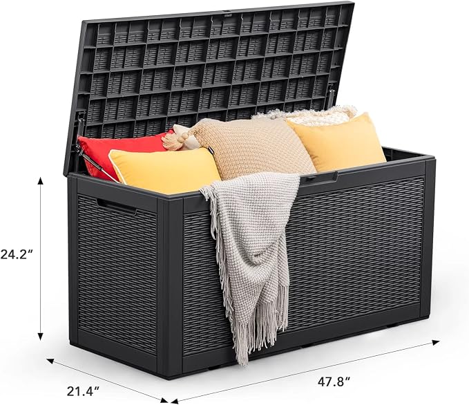 100 Gallon Resin Deck Box for Outdoor, All-Weather Deck Boxes, Extra Seating Benches, Indoor Outdoor Storage Housing Lockable Storage Container Box, 47.83 L x 21.46 W x 24.21 H inches, Black