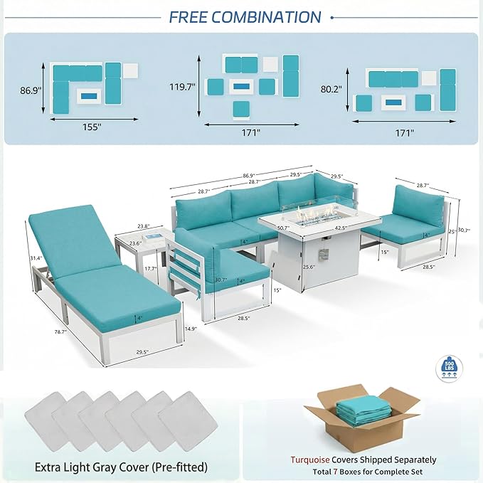 NICESOUL 8 Pcs Large Modern Aluminum Outdoor Sofa with Lounger & Fire Pit Table, 29" Deep Wide Seat, 500 lbs Durable Sectional Set for Heavy People, All Weather Patio Furniture Set for Backyard, Teal