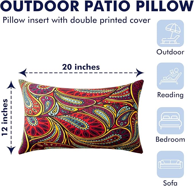Outdoor Pillows, 2 Pack 12x20 Lumbar Pillows Water Resistant, Outdoor Throw Pillows Waterproof for Patio, Furniture, Sofa, Bed, Living Room, Garden Decorative(Dark Red)