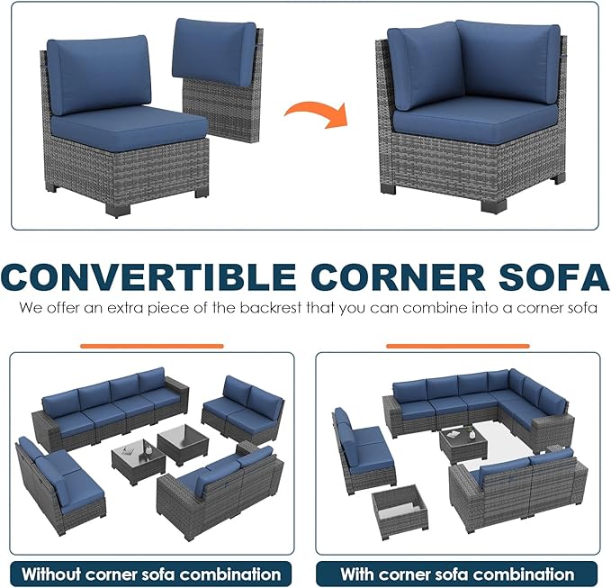 Patio Furniture Set, 12 Pieces Outdoor Sectional Sofa Conversation Sets with Waterproof Cover Modern Wicker Seating Set, 4'' Thickened Cushions & 2 Glass Coffee Table, Navy Blue