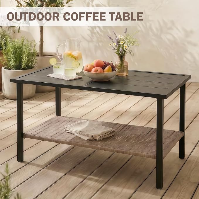 EAGLE PEAK Mojave Dusk Patio Coffee Table with Wood Grain Top and Wicker Shelf, Durable Weather-Resistant Outdoor Table for Deck, Porch, or Garden, Large