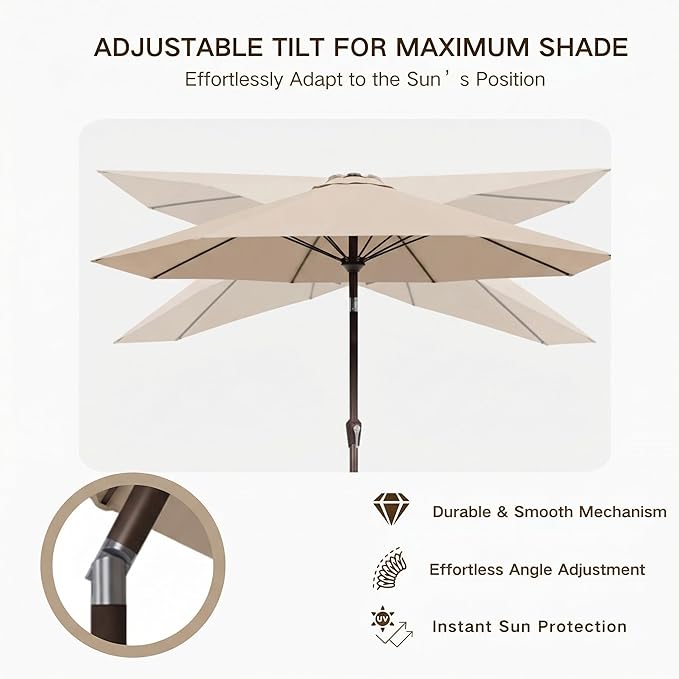 Kingdura 10FT Outdoor Patio Umbrella, Market Table Umbrella with Push Button Tilt and Crank, 8 Sturdy Fiberglass Ribs, UV Protection for Pool, Lawn, Deck, Backyard, Garden (Beige)
